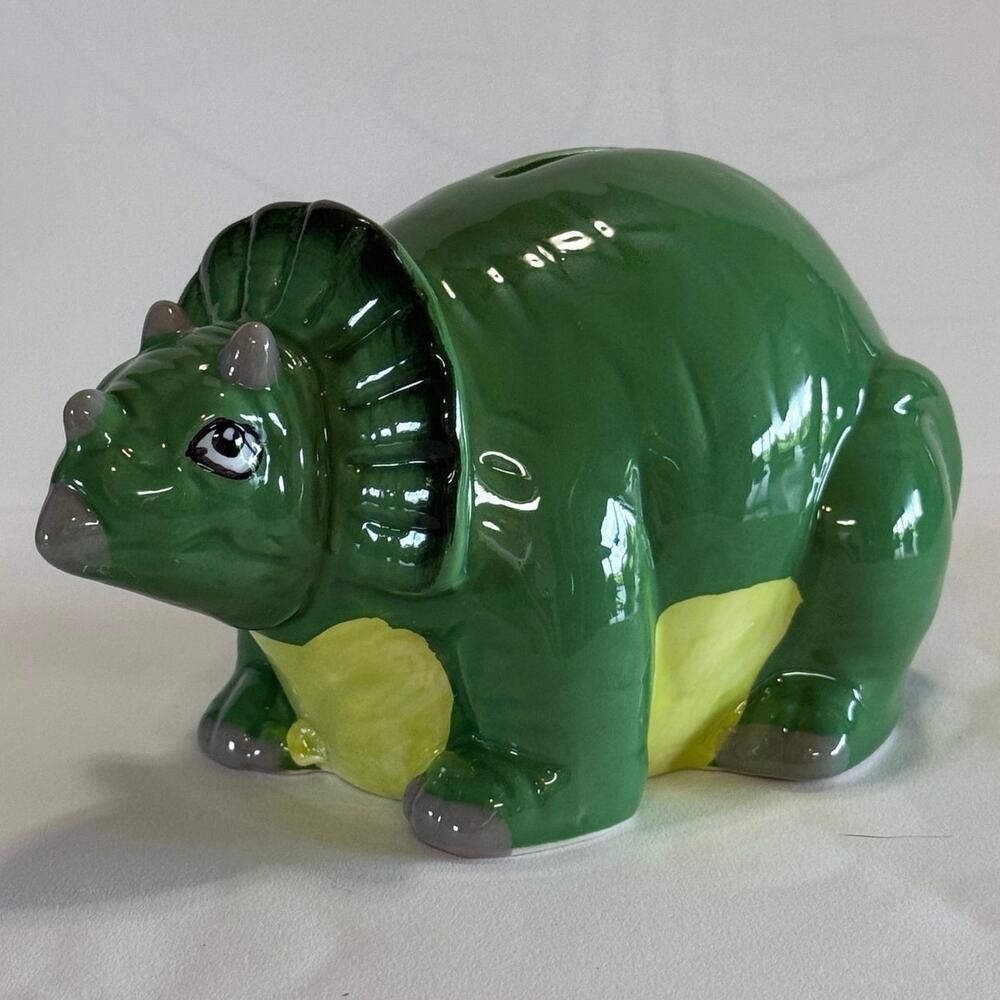 Green Ceramic Triceratops Dinosaur Coin Bank Piggy Bank Kids Room Decor